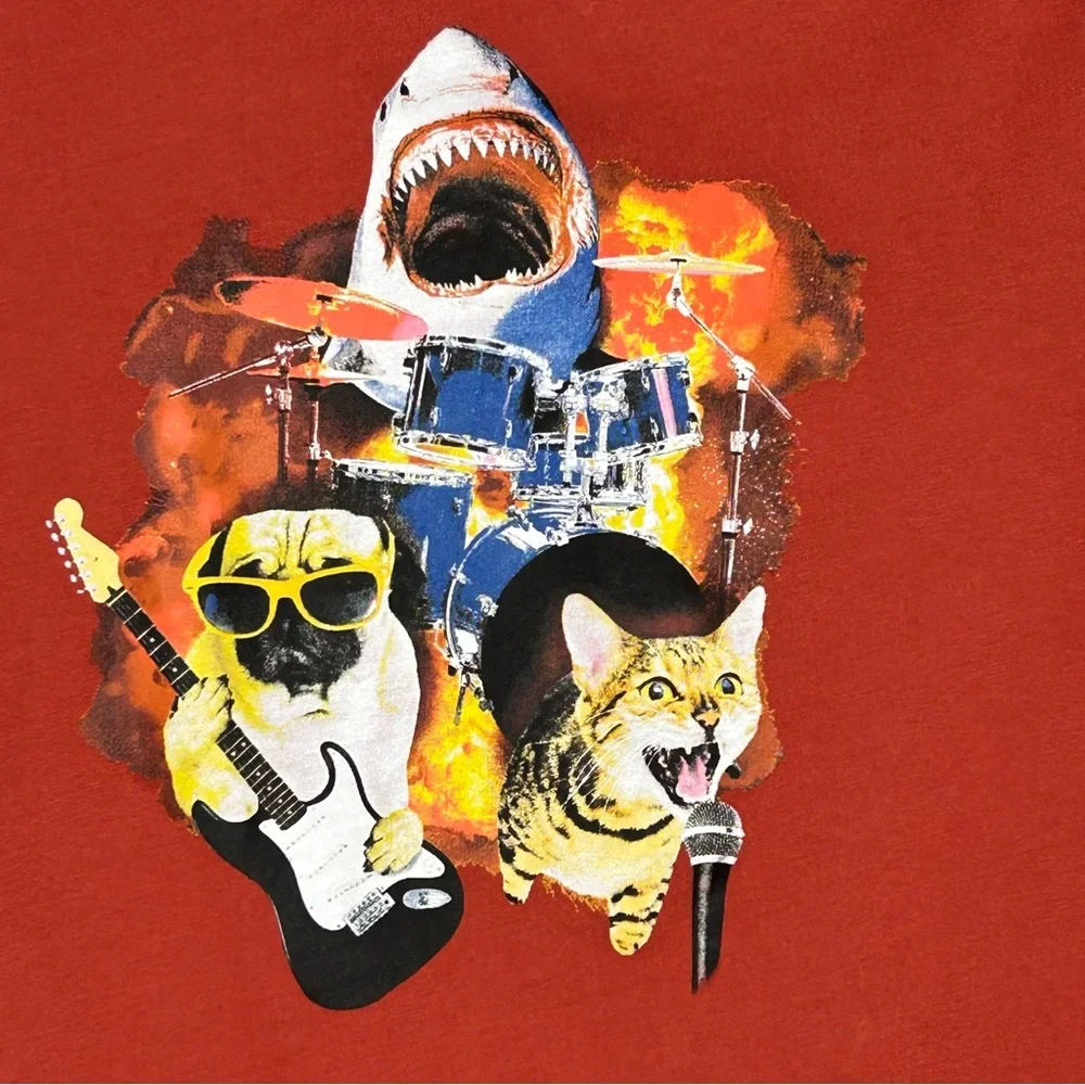 Wonder Nation Boys Orange Shark, Cat, Dog Band Long Sleeve Tee Shirt Size XL